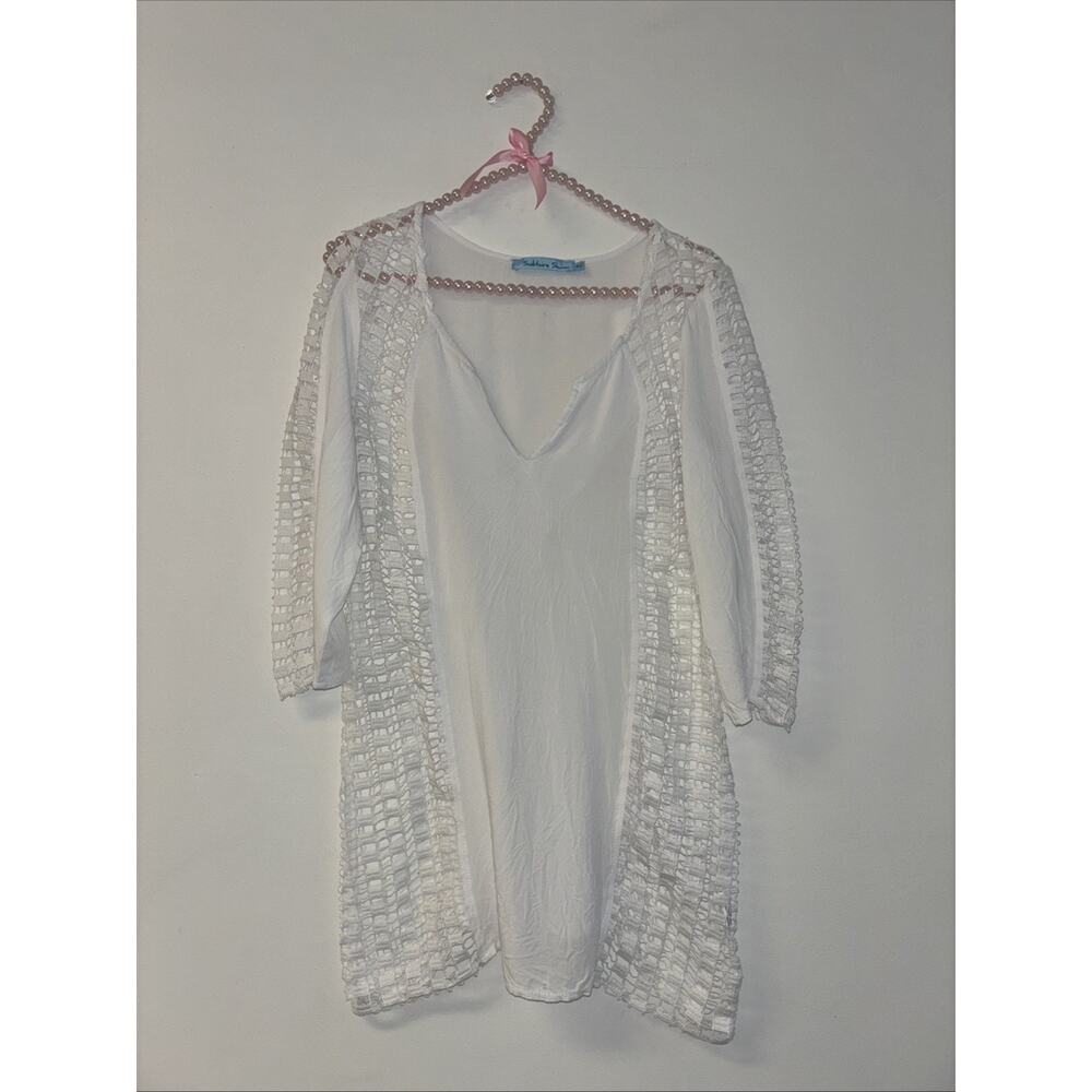 Solitaire Swim Eyelet Cover up White Boho V Neck Sz Small Swim Suit Dress Beachy